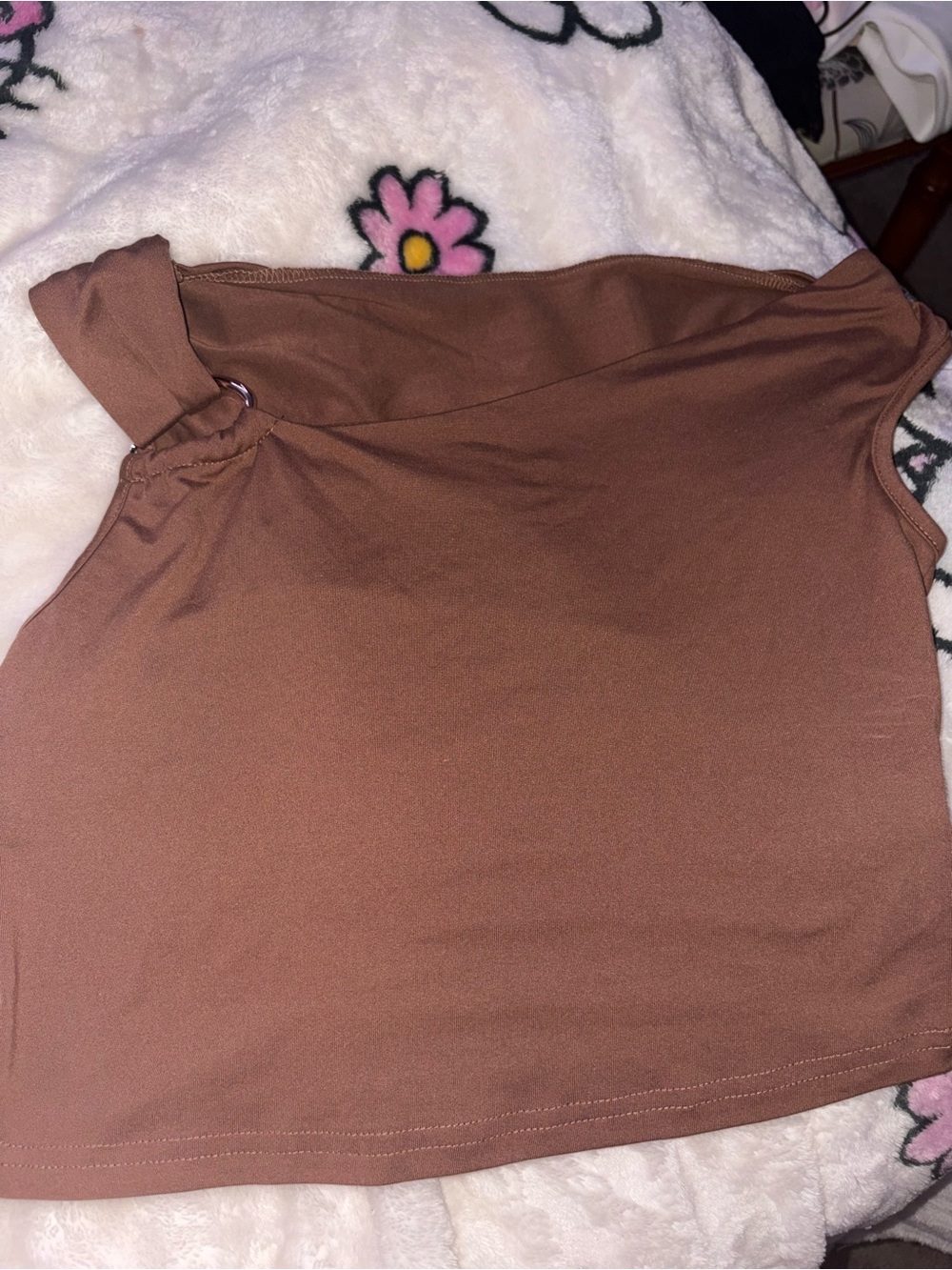 SHEIN Brown One-Shoulder Crop Top with Ring Detail